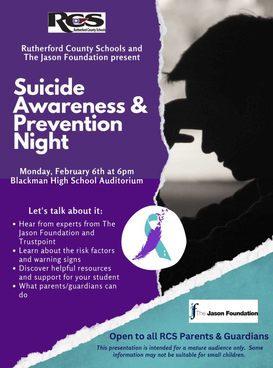 rucoschools's tweet photo. #RCSParentTips:

Tonight is the night! RCS is hosting a parent information meeting about suicide awareness and prevention. 6 p.m. at Blackman High School. 

Open to all parents in Rutherford County https://t.co/oWzkgKOajr