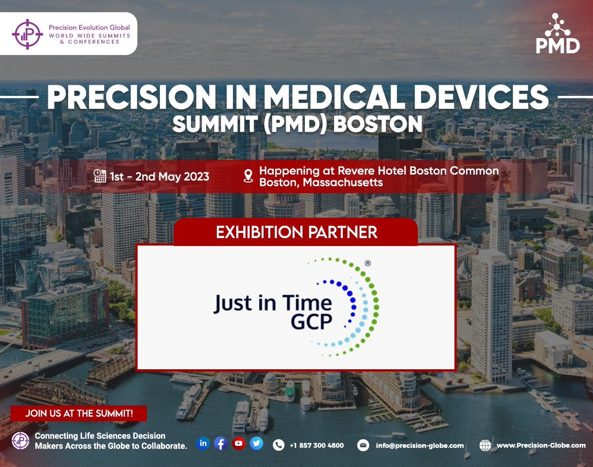 PrecisionEvolu1's tweet photo. We are thrilled to welcome Just in Time GCP to the #PMDSUMMIT happening in #BOSTON on May 1st-2nd

#Engineering #FDA #RegulatoryAffairs #Audit #Clinicaltrials #AI #Robotics #DeviceDesign #Exhibitor #Networking #ML #Data https://t.co/AiTB475N3j