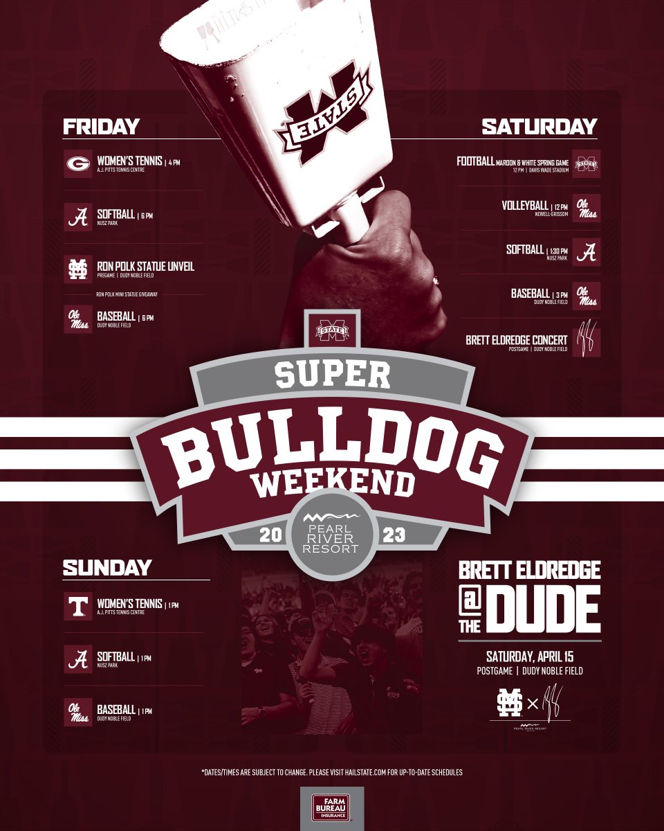 HailState's tweet photo. The full Super Bulldog Weekend slate 👇

#HailState🐶 | #SBW23 https://t.co/RLEF5FwWvQ
