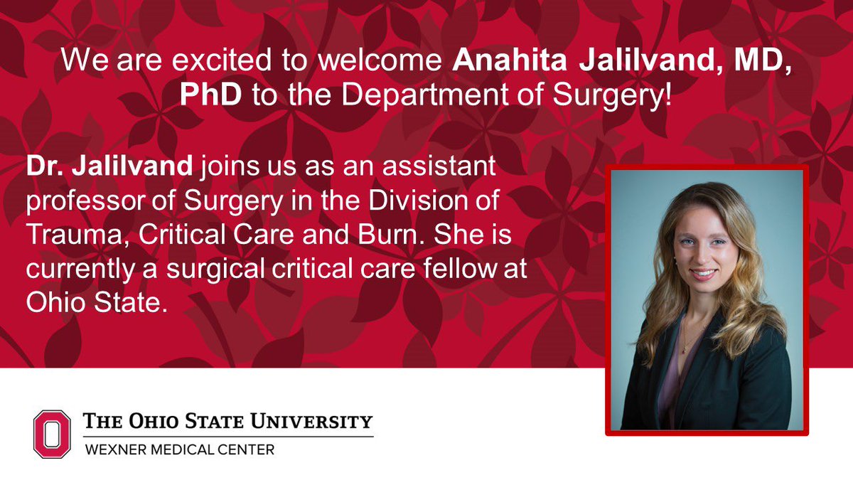 Wow! Another GREAT addition to <a href="/OhioStateSurg/">Ohio State Wexner Medical Center Surgery Dept.</a> #Trauma Division. Anahita Jalilvand, MD, PhD, is surgeon-scientist investigating impact of adipocyte-derived extracellular vesicles on sepsis-induced immune dysregulation.  A #Buckeye resident &amp; fellow, glad you’re staying on our TEAM