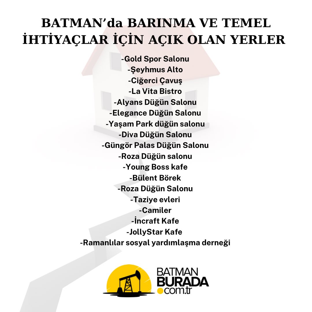 Batman’da barınma ve temel ihtiyaçlar için açık olan yerler.

Sizler de yorumlara açık olan işletmeleri yazabilirsiniz başa tutturalım. 
#batman #deprem