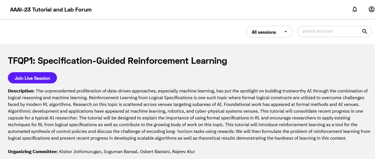 PennAsset's tweet photo. Join @PennAsset and @CIS_Penn faculty @RajeevAlur @obastani, PhD student @KeysShore and alumna @sugumanbansal at @gatech_scs for a tutorial on use of logical specifications for RL at @RealAAAI on Feb 7 https://t.co/c8w1ev3Rrg