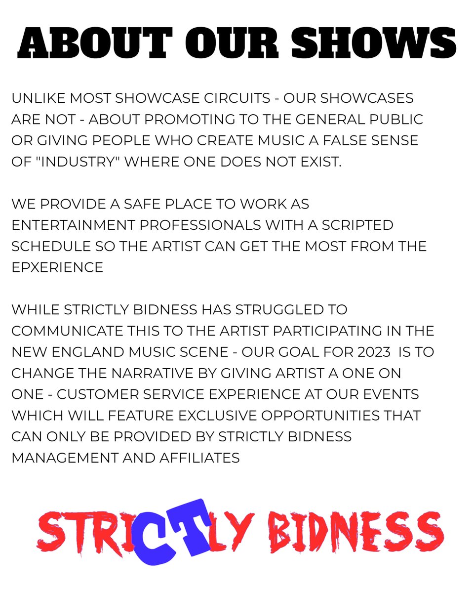 StrCTlyBidMngmt's tweet image. OUR NEXT SHOWCASE IS #Feb25th &lt;~ and if you are interested in performing - you can email:  
StrictlyBidnessManagement@Gmail.com TODAY!
.
.
.
.
.
SIGN UP FOR OUR #FreeBlog &lt;~ by clicking the link:  
strictlybidnessmanagement.com