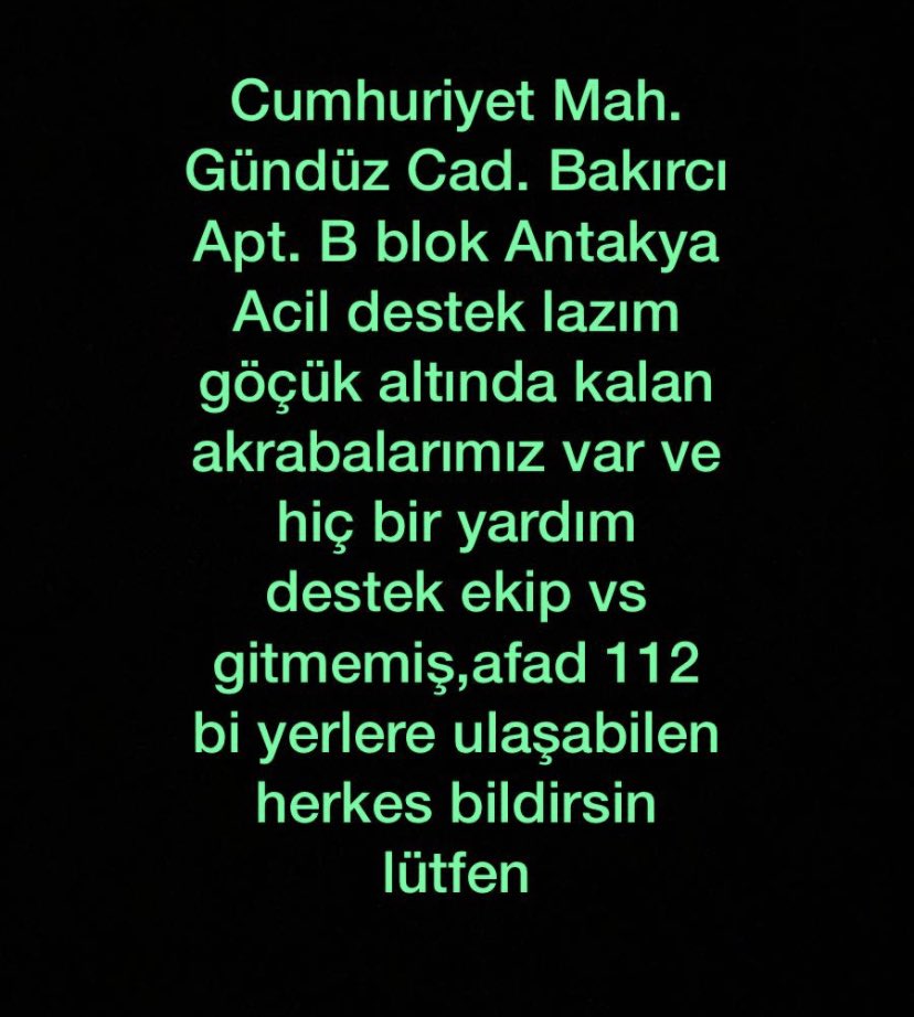 sinemalkann's tweet photo. @AFADHatay @ahbaphatay @AFADBaskanlik lütfen destek olun lütfen hala 13 saattir hiç bir yardım gidemedi yaşlılar var enkaz altından sesler geliyor https://t.co/bFoKntmWXJ