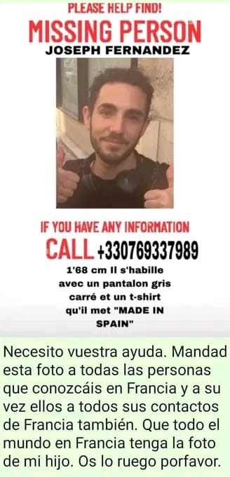 Os pido ayuda. Por favor RT. Es el hijo de una amiga. Desaparecido en Francia.