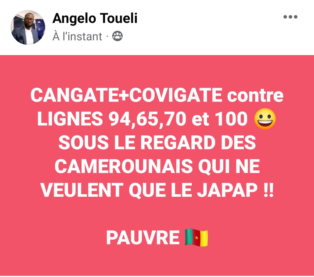 AngeloToueli's tweet photo. CANGATE+COVIGATE contre LIGNES 94,65,70 et 100 😀
SOUS LE REGARD DES CAMEROUNAIS QUI NE VEULENT QUE LE #JAPAP !!

PAUVRE 🇨🇲

https://t.co/8DknCA1M8e https://t.co/DgoDt9IzL4