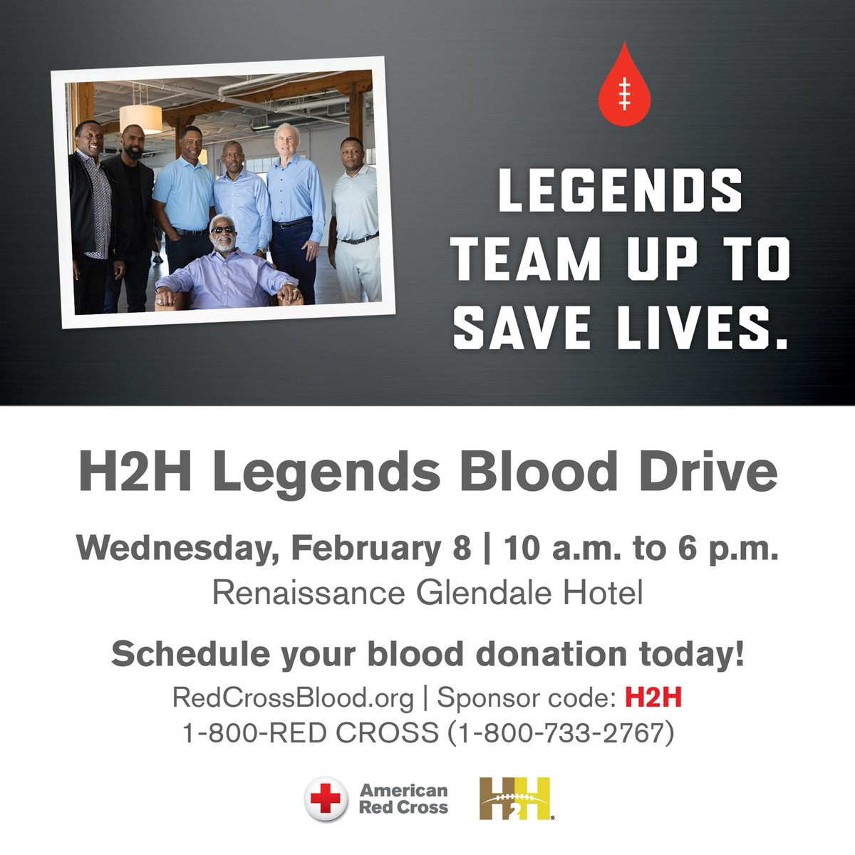 Tony_Dorsett's tweet photo. Last chance to join me and a few other @H2HLegends as we team up with the #RedCross for the H2H Blood Drive in Phoenix, AZ on 2/8. You'll have chance to score a custom autographed helmet, meet #H2HLegends &amp; get a limited-edition shirt. Sign up now: https://t.co/eUAvnkpVCq https://t.co/lcQGHJVLs9
