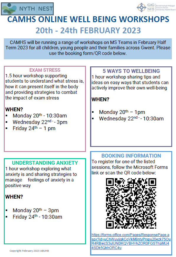 Please see below for information of CAMHS student and family workshops in February half-term - use the QR code to book