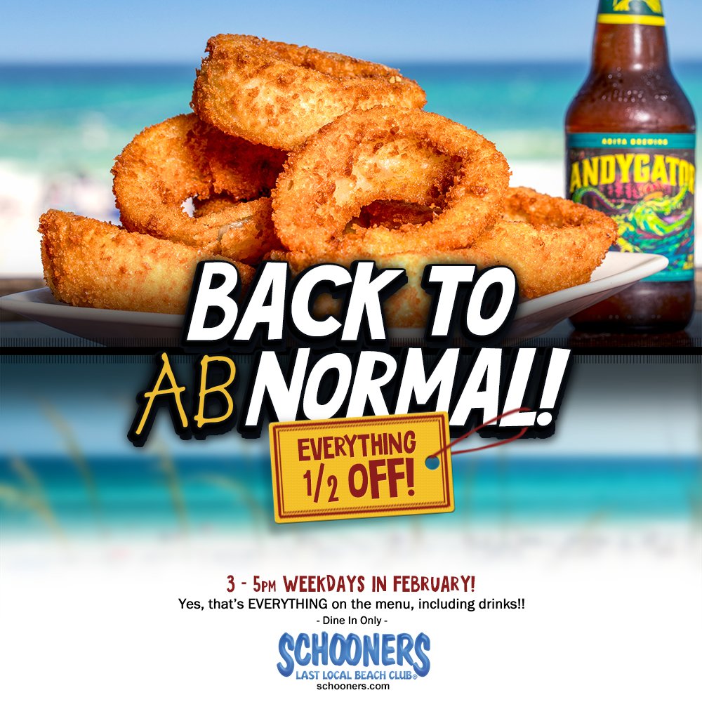 schoonerspcb's tweet photo. Make your Monday a little less Monday-ish with 1/2 off EVERYTHING today at Schooners from 3-5pm! #BackToAbNormal https://t.co/6tl72I428M