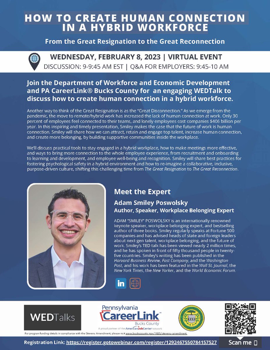 PACareerlinkBC's tweet photo. Upcoming FREE webinar on 2/8 discussing how to keep employees engaged and connected in a hybrid work environment. 
Link to register: 
https://t.co/ihvPcaq5P9
#webinar #freewebinar #hybridwork #hybridworking #business #employer #wedtalk @whatsupsmiley https://t.co/XzPjF4eJ3Z