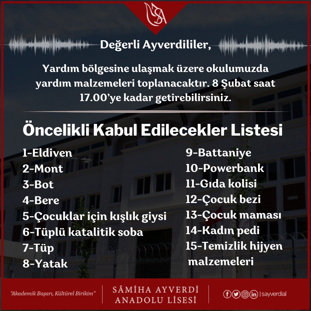 Zeytinburnu Kaymakamlığı koordinasyonuyla yardım bölgesine ulaştırmak üzere okulumuzda yardım malzemeleri toplanmaktadır. 8 Şubat Çarşamba günü saat 17.00’ye kadar getirebilirsiniz. 

<a href="/tcmeb/">Millî Eğitim Bakanlığı</a> <a href="/zeytinburnumem/">Zeytinburnu İlçe Millî Eğitim Müdürlüğü</a> <a href="/TC_Zeytinburnu/">Zeytinburnu Kaymakamlığı</a> @ErCCanTURAN <a href="/istanbulilmem/">İstanbul İl Millî Eğitim Müdürlüğü</a>