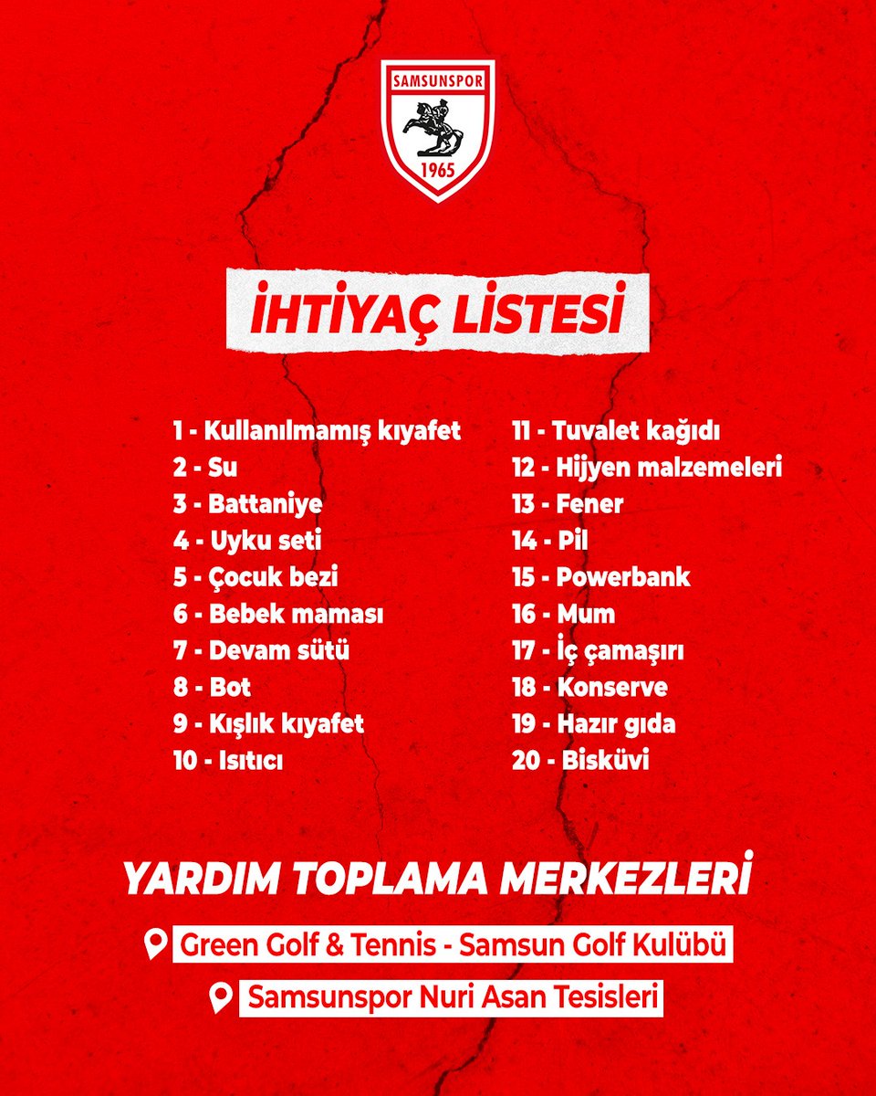 Deprem bölgelerine gönderilmek üzere, Samsunspor Kulübü Derneği olarak başlattığımız yardım kampanyasına katılmak isteyen vatandaşlarımızın belirtilen bölgelere yardım malzemelerini ulaştırmaları önemle rica olunur.

Tüm Samsunluların yardım ve desteğini bekliyoruz.

#Deprem