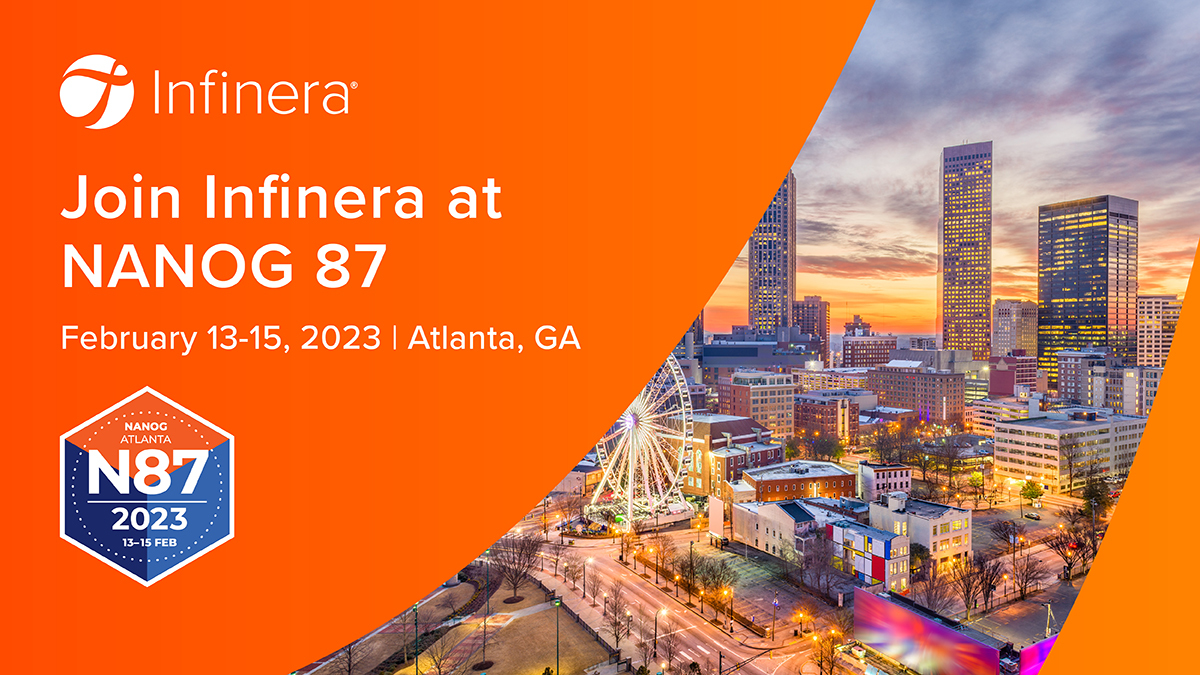 Infinera's tweet image. NANOG 87 starts in just one week! Join Infinera in Atlanta for the event, where we’ll be a sponsor at the Beer ‘N Gear on Tuesday, 2/14. Find out more: bit.ly/3HC8ckP #NANOG87 #NetworkOperators #OpticalNetworking @nanog