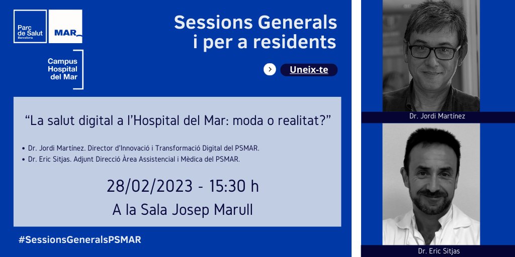 Hospital del Mar (@hospitaldelmar) on Twitter photo Us esperem el dia 28/2 a les #SessionsGeneralsPSMAR per parlar de 'La salut digital a l'Hospital del Mar: moda o realitat?'
Amb els doctors <a href="/jordimartinez67/">Jordi Martínez</a> i Eric Sitjas
⏰ A les 15.30 h
Si no hi podeu assistir, la podeu seguir la sessió en línia 💻 👉 youtu.be/A9VKTIJfpE8 Us esperem el dia 28/2 a les #SessionsGeneralsPSMAR per parlar de 'La salut digital a l'Hospital del Mar: moda o realitat?'
Amb els doctors <a href="/jordimartinez67/">Jordi Martínez</a> i Eric Sitjas
⏰ A les 15.30 h
Si no hi podeu assistir, la podeu seguir la sessió en línia 💻 👉 youtu.be/A9VKTIJfpE8