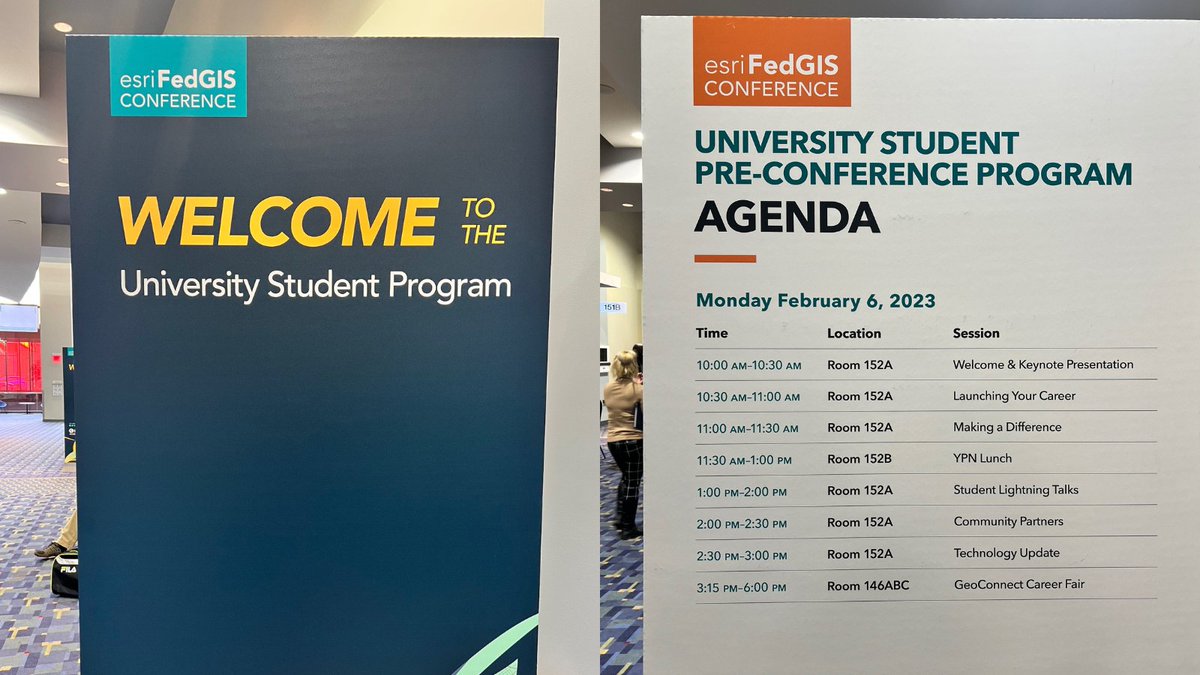 GISEd's tweet photo. We're kicking off #FedGIS with the University Student Preconference Program! 

Students will hear from industry leaders, connect with peers, and potential employers at the #GeoConnect Career Fair.  

Program agenda 👉 https://t.co/l2aOxDFxEL https://t.co/PYYjQgKRD2