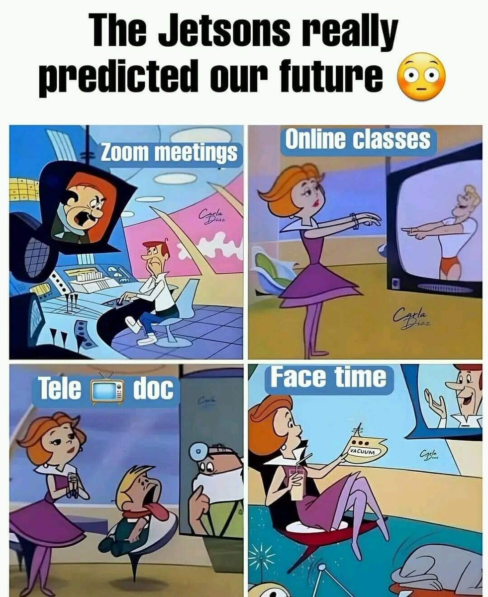 cindysolomon's tweet photo. This couldn't be more accurate!
#zoommeetings #onlineclasses #televisit #facetime #future #thejetsons https://t.co/eOGDDBCHkE