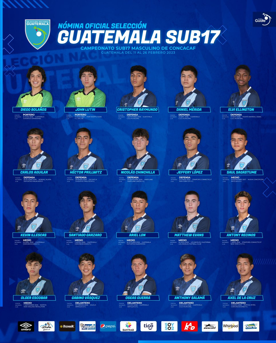 ¡¡✅Listos para disputar el Premundial de <a href="/Concacaf/">Concacaf</a> en nuestra tierra!!

📋te compartimos la nómina oficial de la #SeleSub17 🇬🇹⚽️💙 #VamosGuate 🔵⚪️🔵 #ModoSelección
