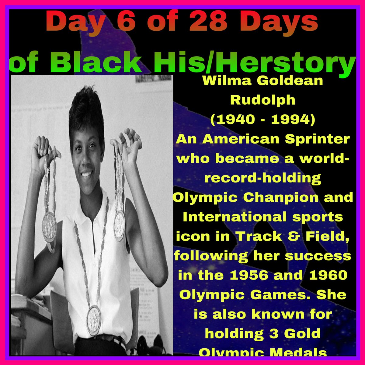 Day 6 of 28 Days of Black His/Herstory Month: Ms Wilma Goldean Rudolph

#TheMoreYouKnow
 #BLM 
#BlackHistoryMonth  
#BlackHerstoryMonth 
#28DaysofBlackHistory
#xSilverrWolf
#STG
#BunniiGang
#KDT