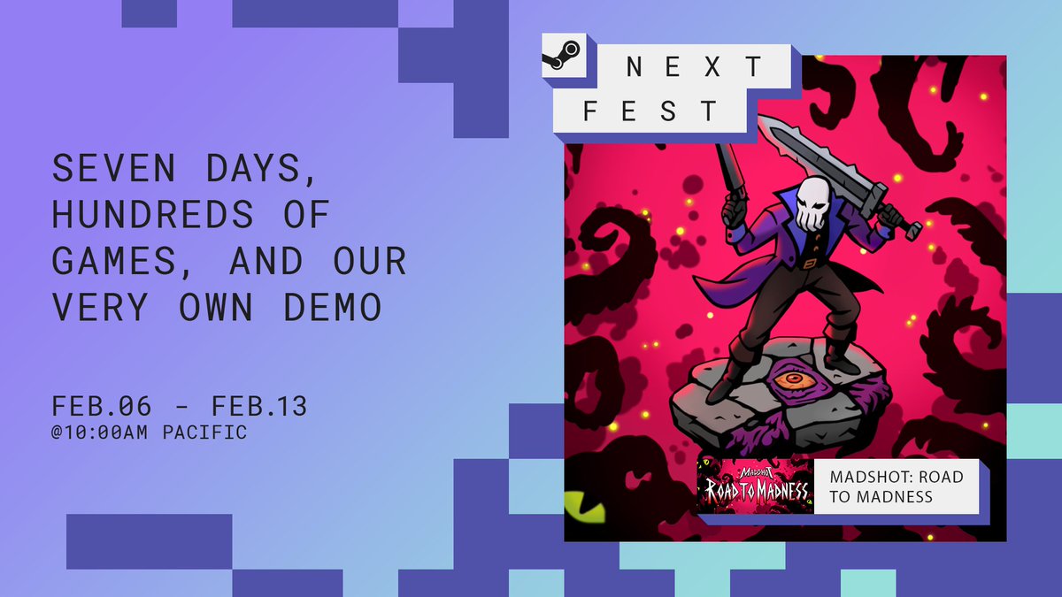 A crowded nightmare is waiting for you 👁️

The #SteamNextFest is about to start, but our #RoadToMadness demo is already available to test your guts!

Enjoy a new mad ride into the abyss but remember: if you have #Madshot in your library you'll access RTM for free when released 🎁