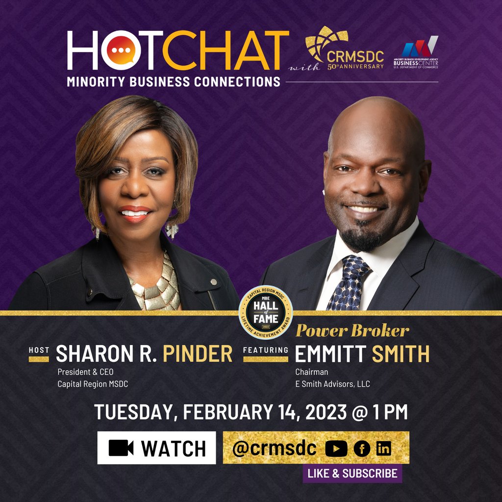 CRMSDC's tweet photo. You're invited to our next LIVE HotChat episode featuring @emmittsmith22, chairman of E. Smith Advisors on Tuesday, February 14th at 1pm. ⁠
⁠
👉🏾 Mark your calendars and subscribe to our YouTube Channel to learn when this episode goes live! 

https://t.co/mJVEpcARq0 https://t.co/NrH30eXpb1