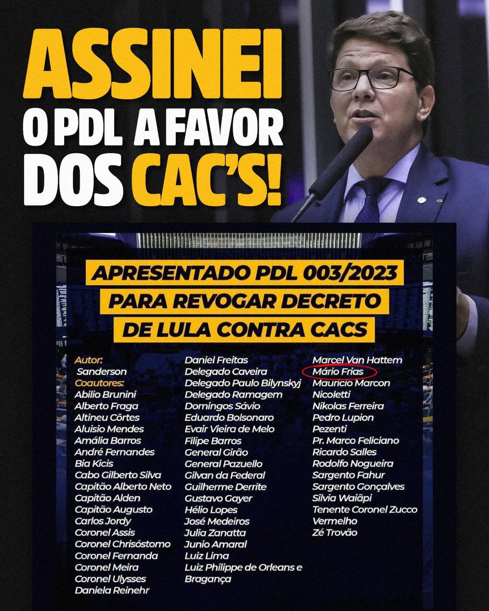 mfriasoficial's tweet photo. Assinei como coautor o PDL 003/2023 para revogar decreto de Lula contra CACs.

Em uma canetada, Lula agiu de forma vingativa contra os CACs. Não permitiremos perseguição! https://t.co/Nnz2f78qIJ