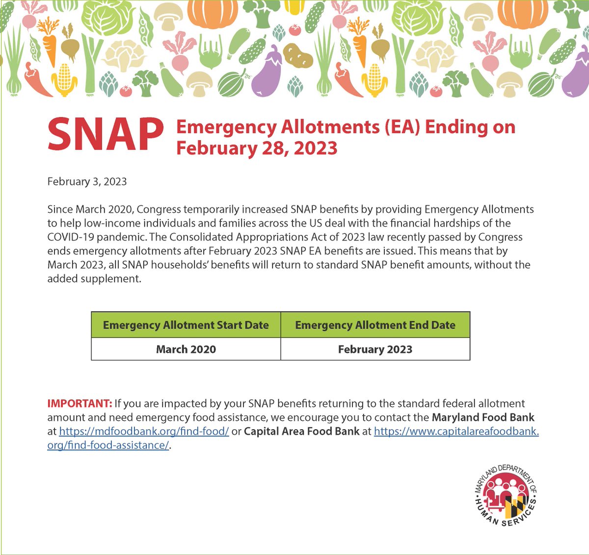 Emergency Allotments (EA), the temporarily increased SNAP benefits issued due to COVID-19 pandemic, are ending in February. This means that all SNAP allotments for March 2023 will return to standard SNAP benefit amounts without the added supplement. Read more: