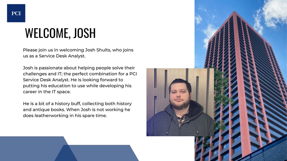 PCIBUF's tweet photo. Welcoming our newest Service Desk Analyst team member today!

Happy to have you join the PCI team, Josh. https://t.co/kubcQTLo5U