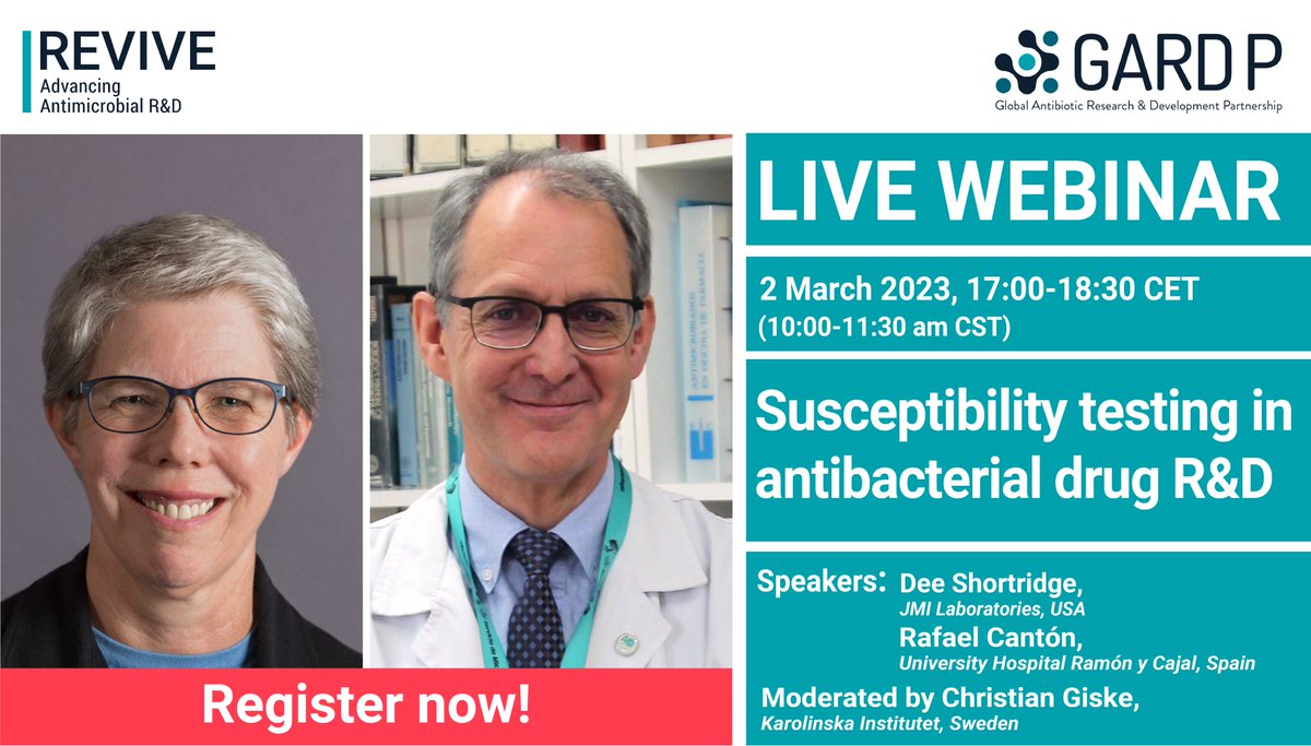Registration is open for our next REVIVE webinar! 🤗

We'll discuss "Susceptibility testing in #antibacterial drug R&amp;D" with Dee Shortridge <a href="/jmilabs/">JMI Laboratories</a> and Rafael Canton <a href="/microRyC/">Microbiología Clínica RyC 🧫🔬🦠</a> 

Make sure to join! 👇👇

Register now: attendee.gotowebinar.com/register/19567…
