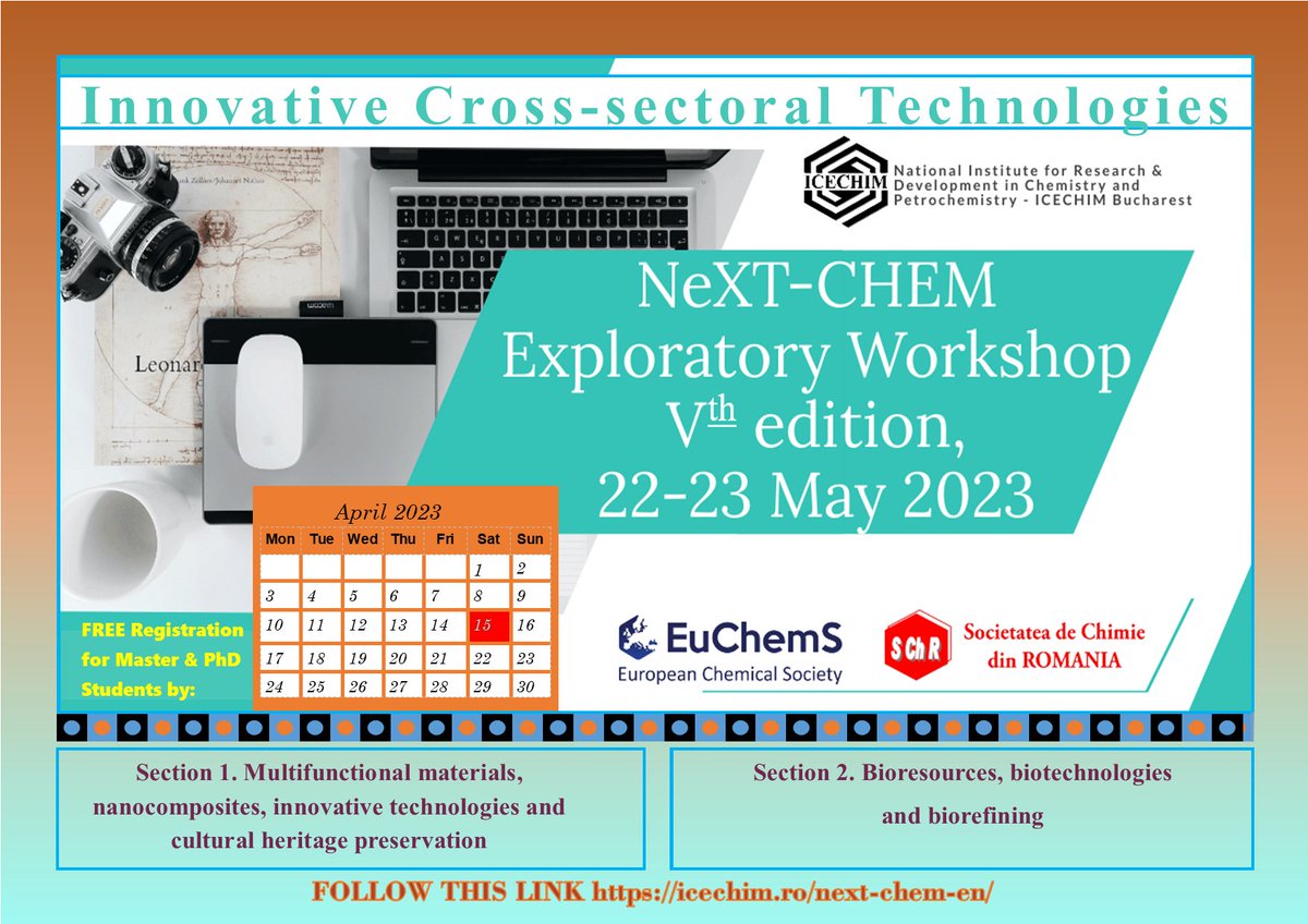 ❗📢#papersplease for NeXT-Chem: #Innovative #Crosssectoral #technologies !
100% #discount for #Masterstudents & #PhDcandidates ! 
#workshops2023 #societateadechimiedinromania #ICECHIM #EuChemS
htps://www.euchems.eu/events/next-chem-innovative-cross-sectoral-technologies/