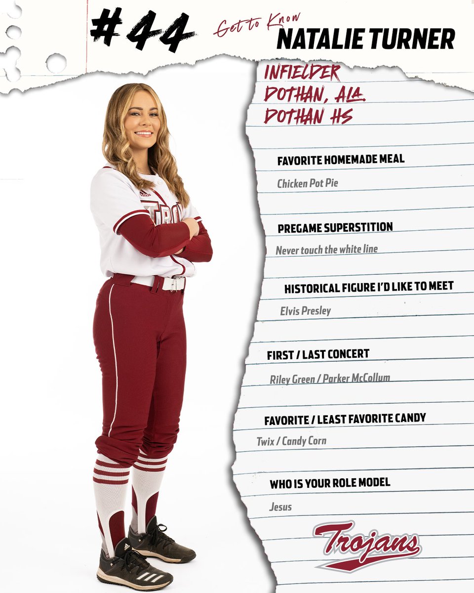 TroyTrojansSB's tweet photo. 𝙂𝙀𝙏 𝙏𝙊 𝙆𝙉𝙊𝙒

Sophomore infielder, Natalie Turner!

#EmbraceOpportunity | #OneTROY ⚔️🥎 https://t.co/j7kruZwZyI