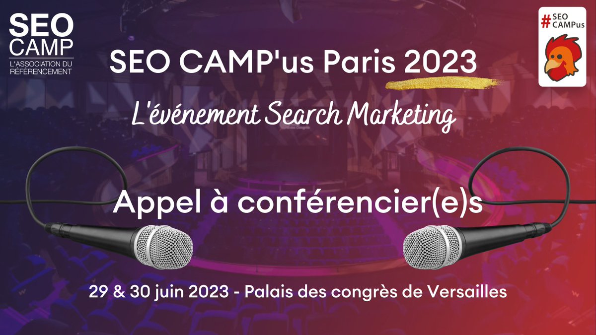 📣 Appel à conférencier(e)s

Vous souhaitez prendre la parole au SEO CAMP'us Paris 2023 🤔

Vous avez un sujet en tête concernant le SEO, SEA, Digital Marketing, Analytics, etc... ? 

Proposez dès maintenant votre conférence👉 seocamp.typeform.com/acscp23