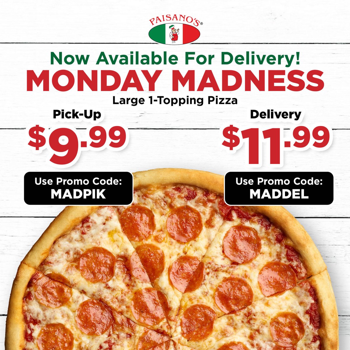 Everyday is a good day for pizza 🍕🍕 Order any large 1-topping pizza for just $11.99 (use promo code MADDEL) or pick it up for just $9.99 (Use promo code MADPIK) Order through our app or online at 📲 PaisanosPizza.com *Limited time offer. Participating locations only.