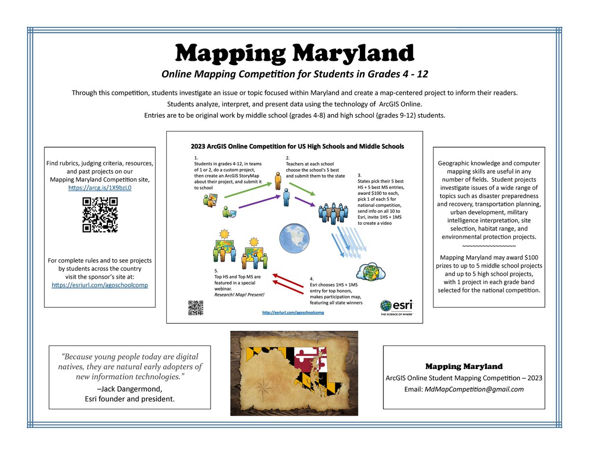 RyanM_GISP's tweet photo. Registration is open for 2023 Mapping Maryland Competition for Middle&amp;High School Students!
Every year MD gives out 100's of dollars to winning projects.
Know a student/teacher/club organizer/homeschooler/administrator interested in creating a #StoryMap?
https://t.co/IsRMsZrvAZ https://t.co/mbs9bRcYD5