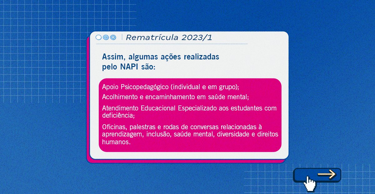 unifacs's tweet photo. Por meio de programas e projetos amparados nos princípios de equidade e inclusão, o NAPI visa o desenvolvimento pessoal e profissional do estudante.

Se interessou e deseja agendar um atendimento? Acesse o link: https://t.co/53d38DSq2P

#NAPI #Inclusão #UNIFACS https://t.co/4G7cmeUIE1