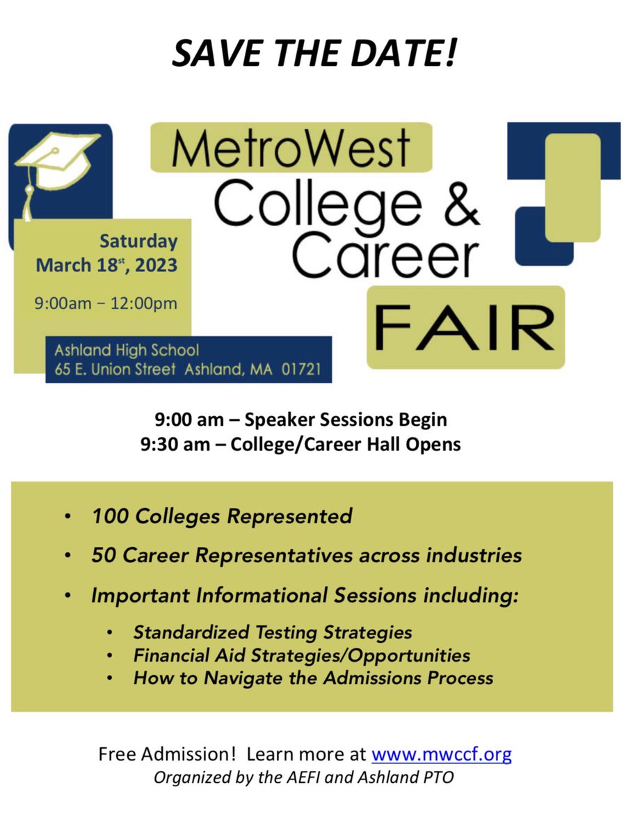 Metrowest College &amp; Career Fair
Saturday March 18th, 2023
Ashland High School
9:00am - 12:00pm
Free admission! Learn more @ mwccf.org