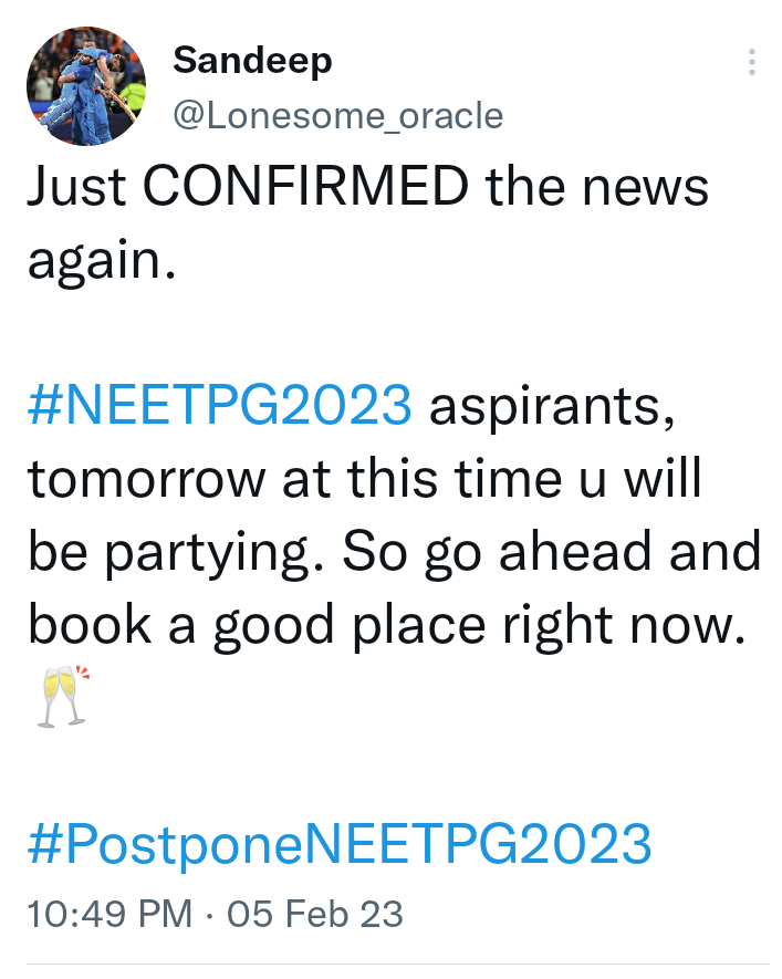 Praharsh6695's tweet photo. #Neetpg2023 just wondering who came up with the fake news ...any idea who it is ? https://t.co/IbGSAG8HKP