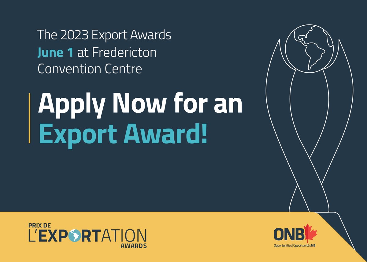 ONBCanada's tweet photo. The Export Awards recognize NB businesses and their outstanding export performance in the international marketplace. NB companies can apply for their chance to receive one of these prestigious awards at the event June 1. Check out the info and apply now! https://t.co/d4qWkPDJcg https://t.co/yj4dU9rrpa