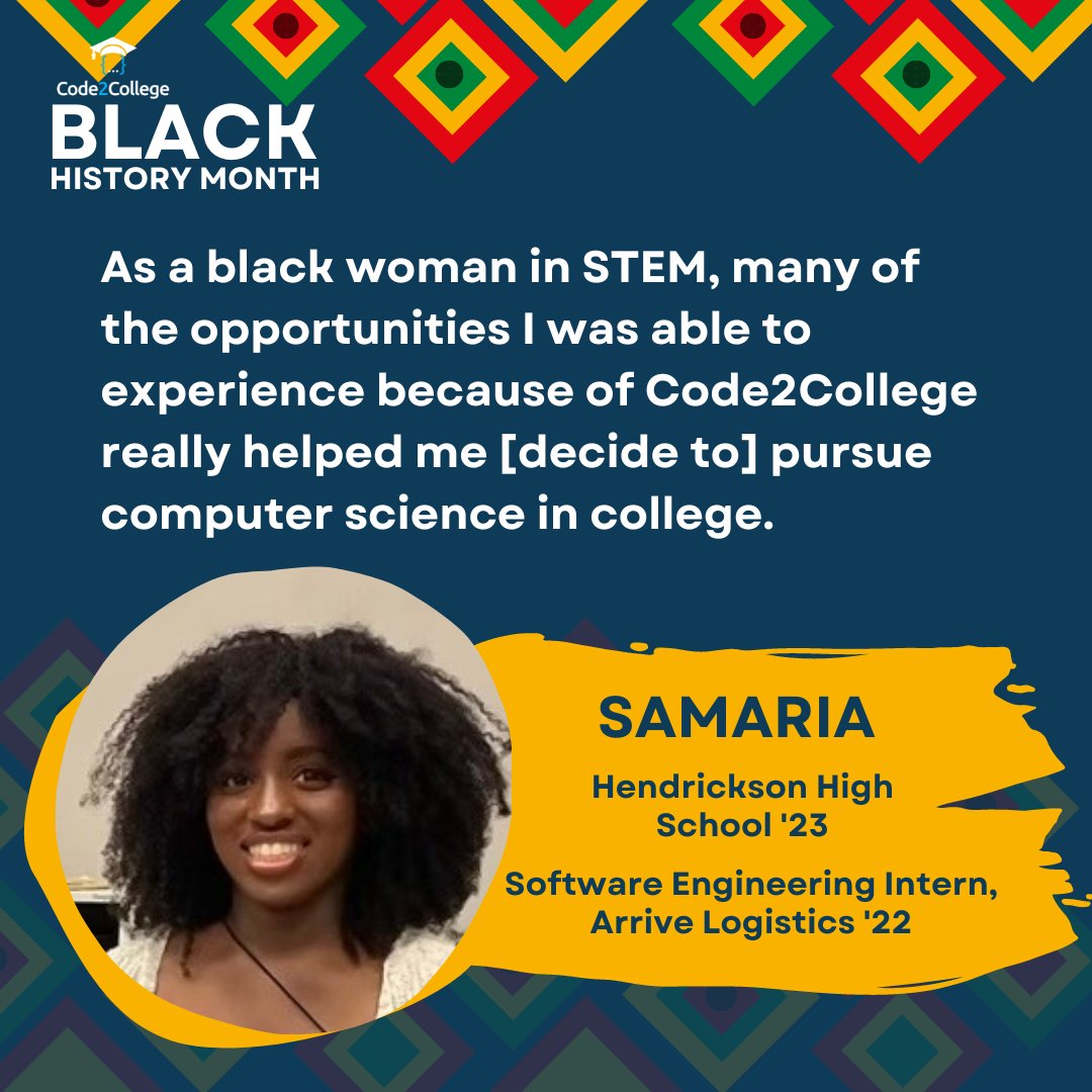 code2college's tweet photo. With 3 #Code2College classes, an internship & nearly 10 professional development workshops behind her, we are proud & honored to serve as a launchpad for talent like Samaria. She had everything she needed within herself - now she has the experience to make her dreams happen. https://t.co/03zshvldxx