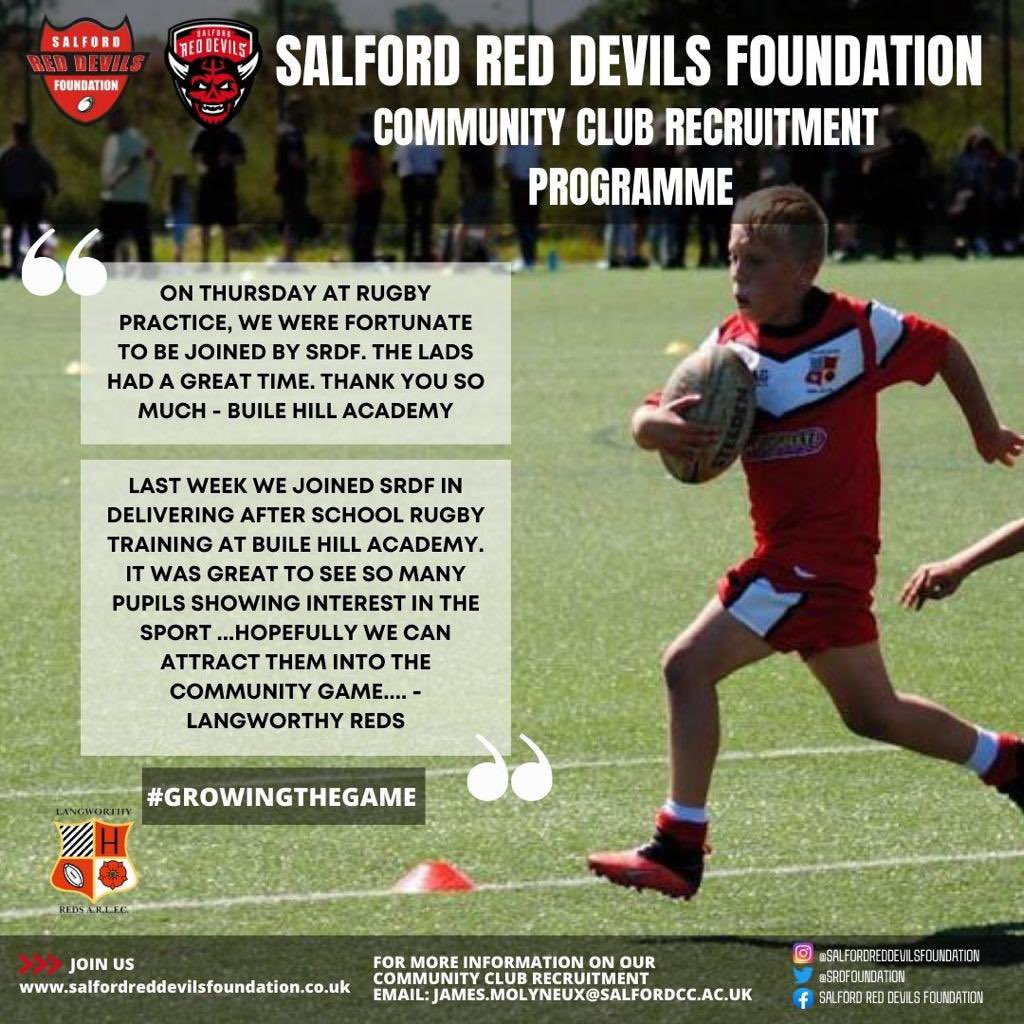 SalfordRLFC_F's tweet photo. Salford Red Devils Foundation Community Club Recruitment programme partnering with @LangworthyReds and @BuileHillAcad had a great first session! Fabulous to see soo many kids playing the game and linking to community clubs👍 @SalfordDevils 
#Togetherstronger #growingthegame https://t.co/g86F6yC344