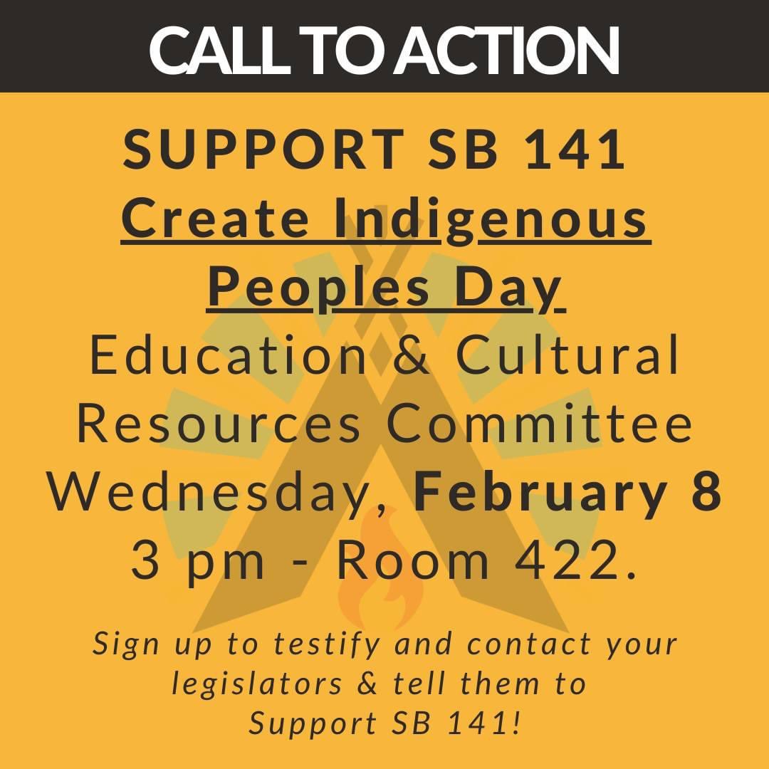 MTHumanRights's tweet photo. Another top priority this week! YES on SB 141 - Create Indigenous People's Day. 
Hearing at Wednesday, Feb. 8 at 3 pm in Helena. Sign up to testify Zoom by 5:00 pm February 7. Send a message here. https://t.co/3LmLy0kO30
#sb141 #calltoaction #letsdodis #IndigenousPeoplesDay https://t.co/E2ZOAcYOqp