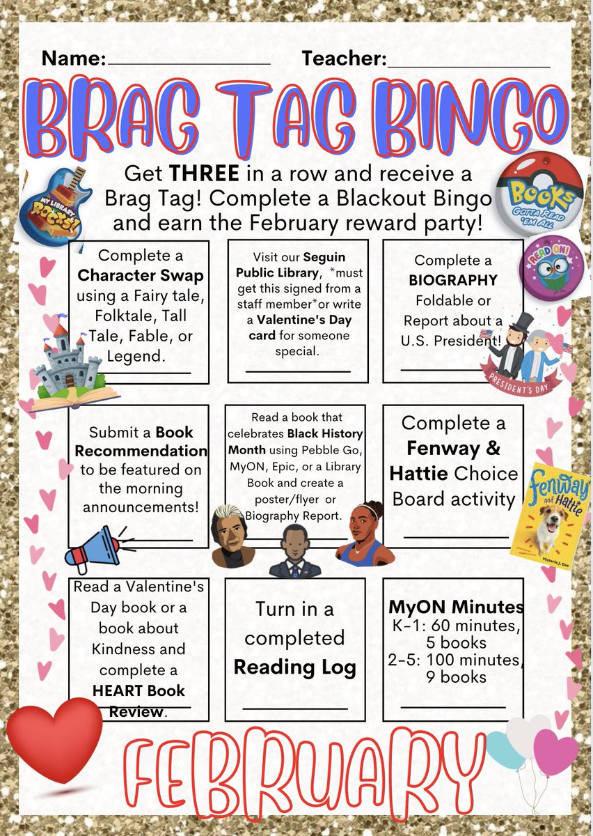laurenbpish's tweet photo. February Brag Tag Bingo AND a fun Choice board to go along with our #OneSchoolOneBook, Fenway and Hattie! @WeinertES @SeguinISD @MatsRead #MatadorsRead #WatchUsGrow #GrowingReaders 📖 https://t.co/QYSMZKgZy3