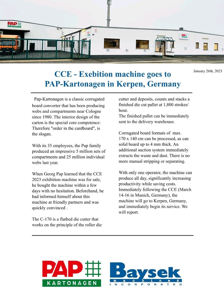 BaysekInc's tweet photo. PAP-Kartonagen purchase C-170 @CCE_Intl show machine! https://t.co/pZQ5RGriOC