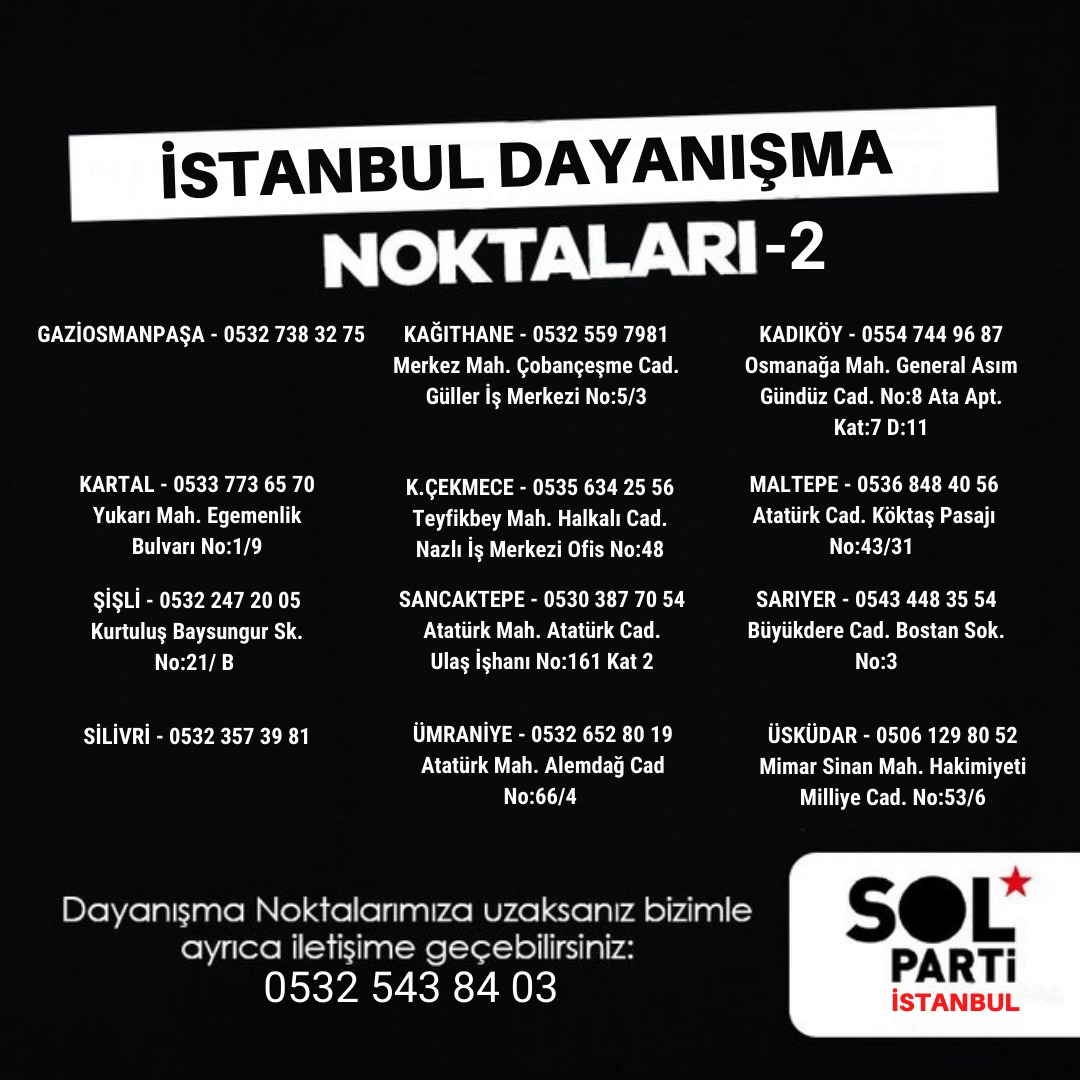 #Deprem bölgesindeki yurttaşlarımıza ulaştırmak üzere dayanışma seferberliği başlatıyoruz. 

İhtiyaç listesindeki malzemeleri aşağıda yer alan dayanışma noktalarımıza ulaştırabilir, eğer uzaksanız belirtilen iletişim numarasından bize ulaşabilirsiniz. 

Şimdi dayanışma zamanı!