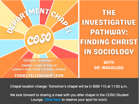 Attn <a href="/acuedu/">Abilene Christian University</a> <a href="/acuoptimist/">The Optimist</a>! #COSOThisWeek is out!

Finding Christ in Sociology chapel Tuesday 11 a.m. in BSB 115; lunch in COSO Student Lounge at 11:30;

Study Abroad Oxford this summer;

COSO Awards and Senior Blessing save the date April 27, 6 p.m., more:
mailchi.mp/233189a2bca4/c…