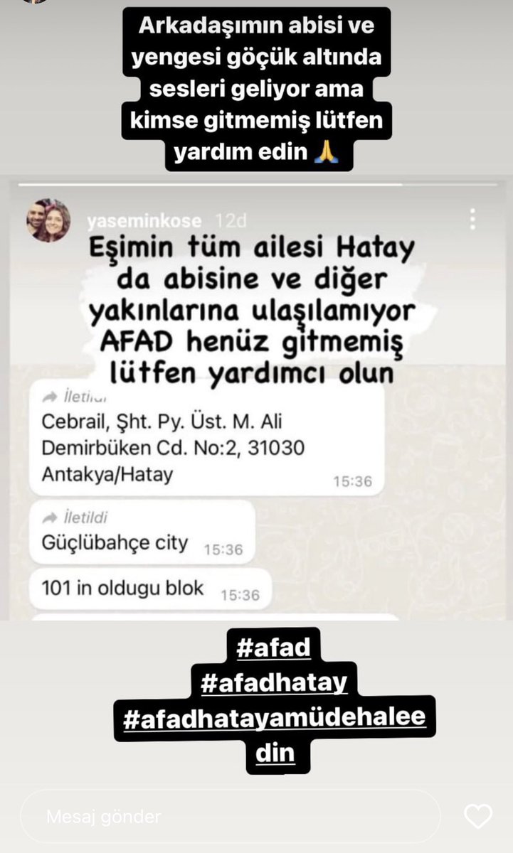 Arkadaşımın abisi çok acil yardım bekliyorlar #AHBAP <a href="/haluklevent/">Haluk Levent ( Ahbap Ekibi )</a> <a href="/DepremDairesi/">AFAD Deprem</a>