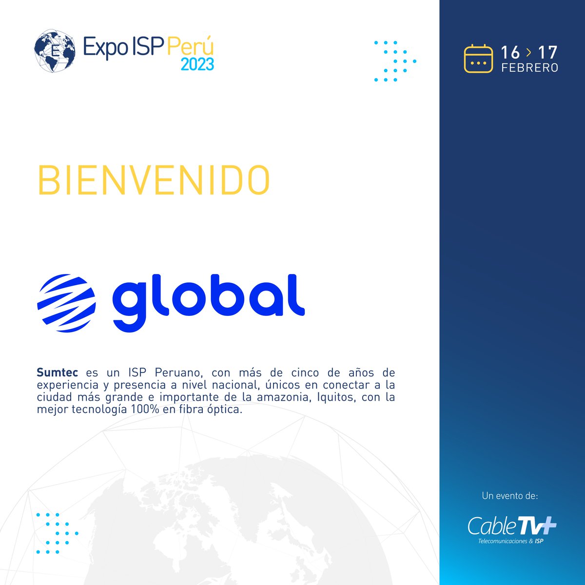 ExpoISPPeru's tweet photo. ✅¡Bienvenidos #GlobalFiber a #ExpoISP #Perú 🇵🇪!

👷🏻‍♂️#GlobalFiber es un ISP peruano, con más de cinco de años de experiencia y presencia a nivel nacional, únicos en conectar a la ciudad más grande e importante de la amazonia, Iquitos, con la mejor tecnología 100% en fibra óptica. https://t.co/Fp5gUgm66e