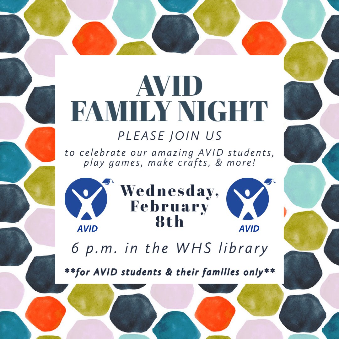 AVID students &amp; their families are invited to #AVID Family Night this Wednesday, February 8th @ 6pm in the WHS library. <a href="/WoodburyCitySch/">WoodburyCitySchools</a> #woodburypride #goherd #GoFurtherWithAVID #AVID4Possibility #ThisIsAVID #AVIDFamily