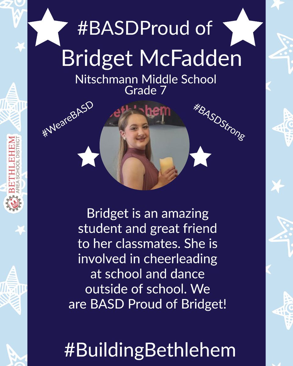 Our Highlighted Student of the Week is Bridget McFadden of <a href="/NitschmannMS/">BASDNitschmannMS</a>!  

Read more in this week's BASD ENews: express.adobe.com/page/UD8i8MC4w… #BASDproud