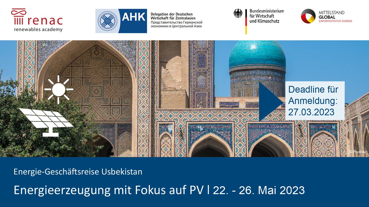 Jetzt anmelden zur kommenden Energie-Geschäftsreise: Energieerzeugung mit Fokus auf #PV in #Usbekistan. Präsentieren Sie Ihre Produkte und Dienstleistungen dem Fachpublikum vor Ort in #Taschkent, 🇺🇿 #Usbekistan! Hier informieren & anmelden👉bit.ly/3Rz2sgq #Photovoltaik