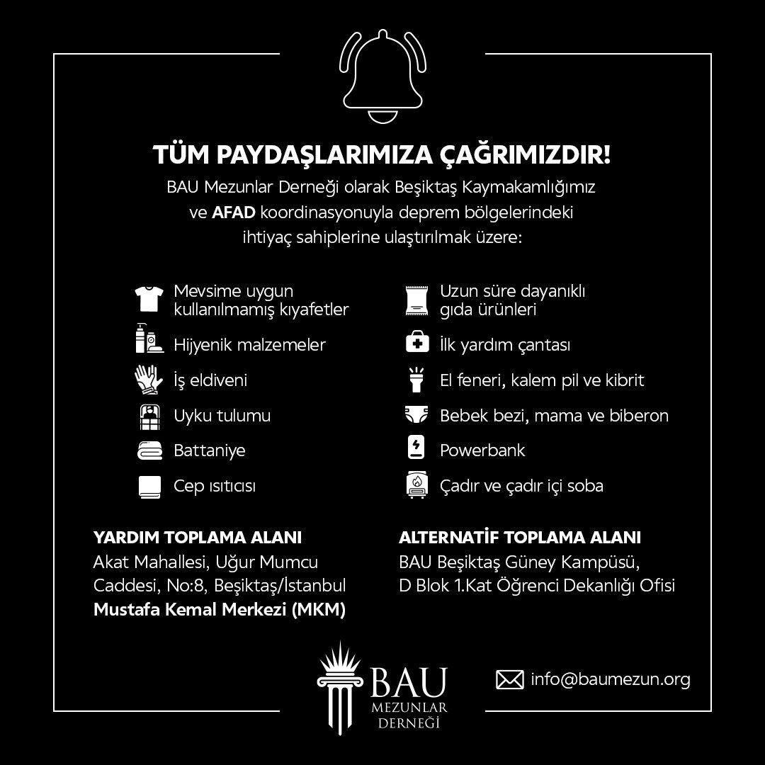 thebauclub's tweet photo. BAU Mezunlar Derneği olarak, Kaymakamlığımız ve AFAD koordinasyonuyla, deprem bölgelerindeki ihtiyaç sahiplerine ulaştırmak üzere belirlenen ihtiyaç listesi görseldeki gibidir. 

#DaimaBirlikte olmamız gereken bu zor günlerde tüm vatandaşlarımızın desteğini bekliyoruz. https://t.co/Lg764mjOTt